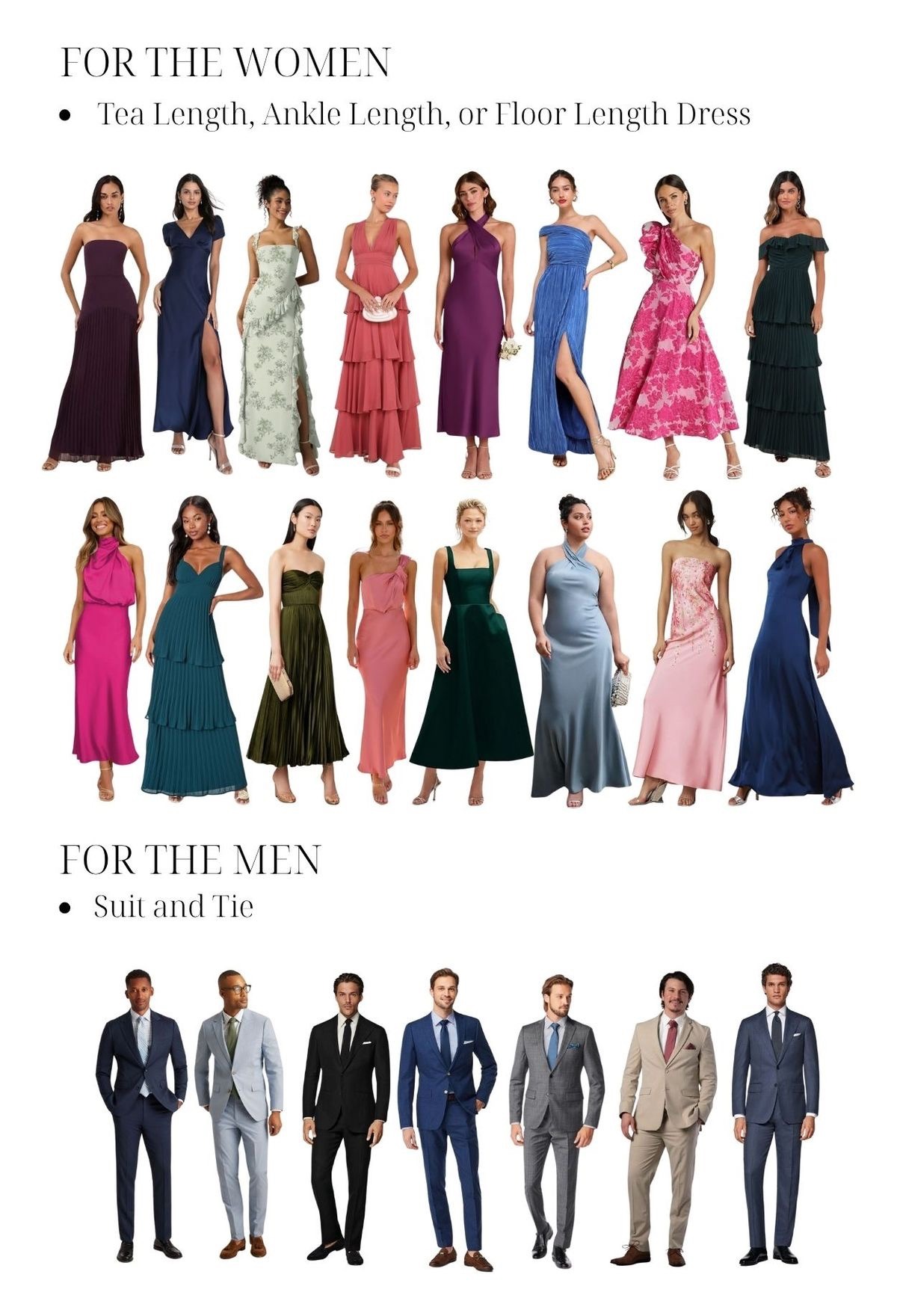 Semi-formal attire guide — tea, ankle, or floor length dresses for women; suit and tie for men